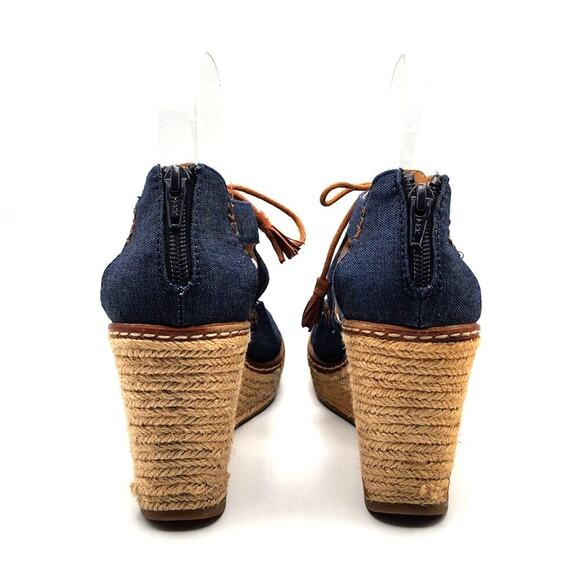 GH Bass Krista‎ Denim Espadrille Wedge Heel Open Toe Tie Front Zipper Size 7.5